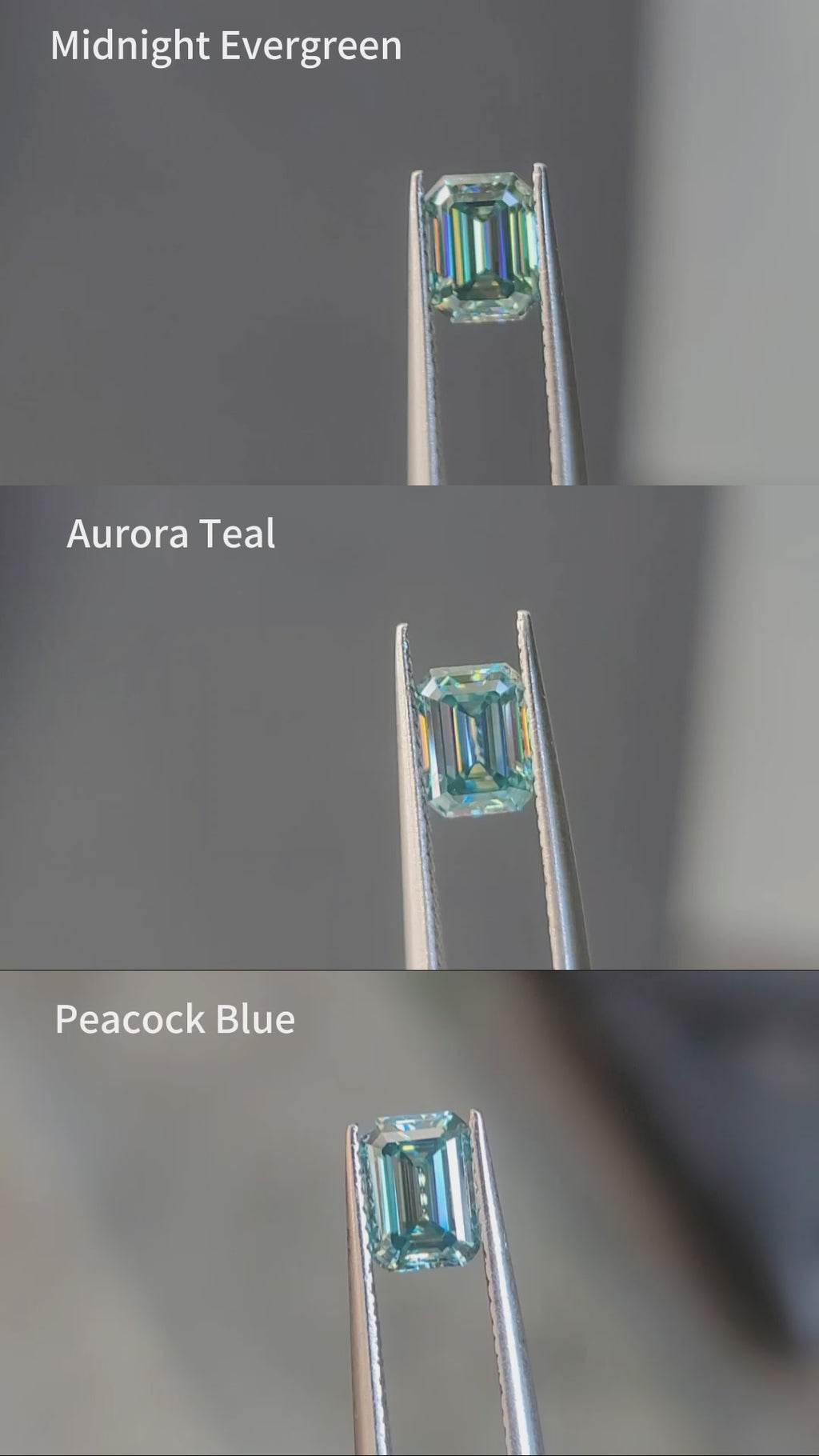 Doveggs accident color compare video of midnight evergreen&aurora teal&peacock blue moissnaite
