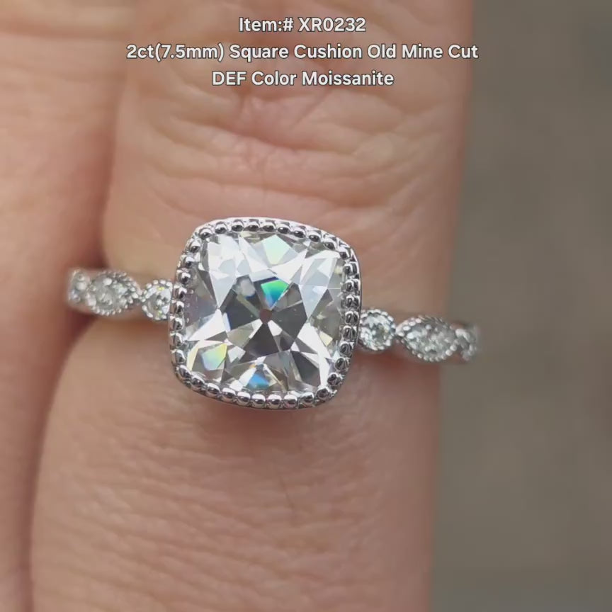 DovEggs square cushion old mine cut bezel side stones moissanite engagement ring video