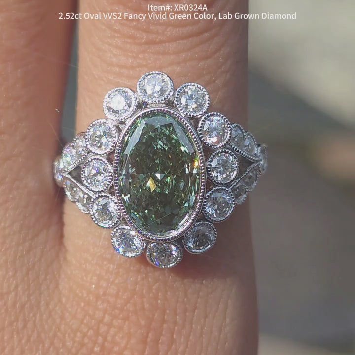 DovEggs 2.52ct Fancy Vivid Green Oval Lab Grown Diamond Ring – Halo Bezel Engagement Ring for Women