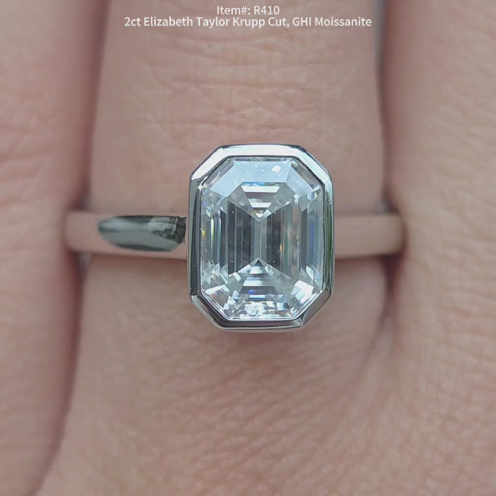 DovEggs Elizabeth Taylor Krupp cut moissanite ring | bezel moissanite engagement ring sparkling for women