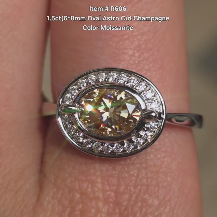 DovEggs Astro champagne oval moissanite ring sparkling in sunlight video