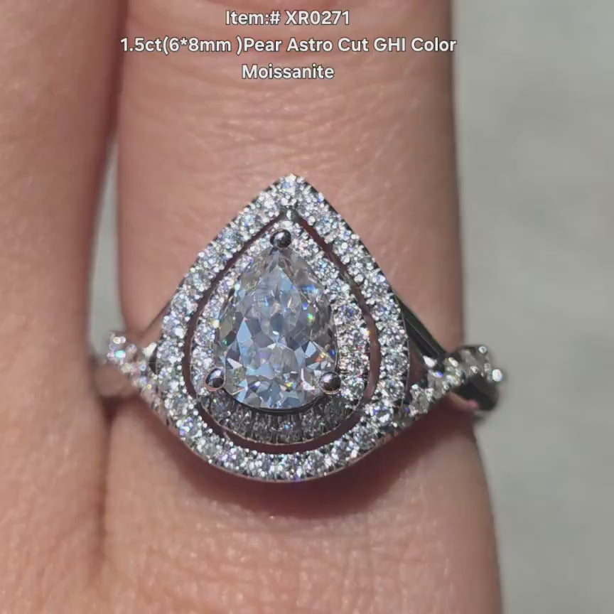 DovEggs pear double halo pave moissanite engagement ring in sunlight