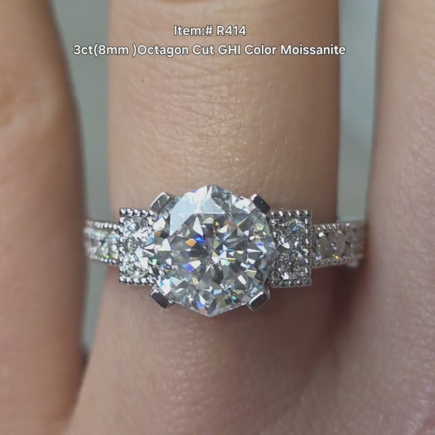  DovEggs GHI color Octagon cut moissanite ring sparkling in sunlight video