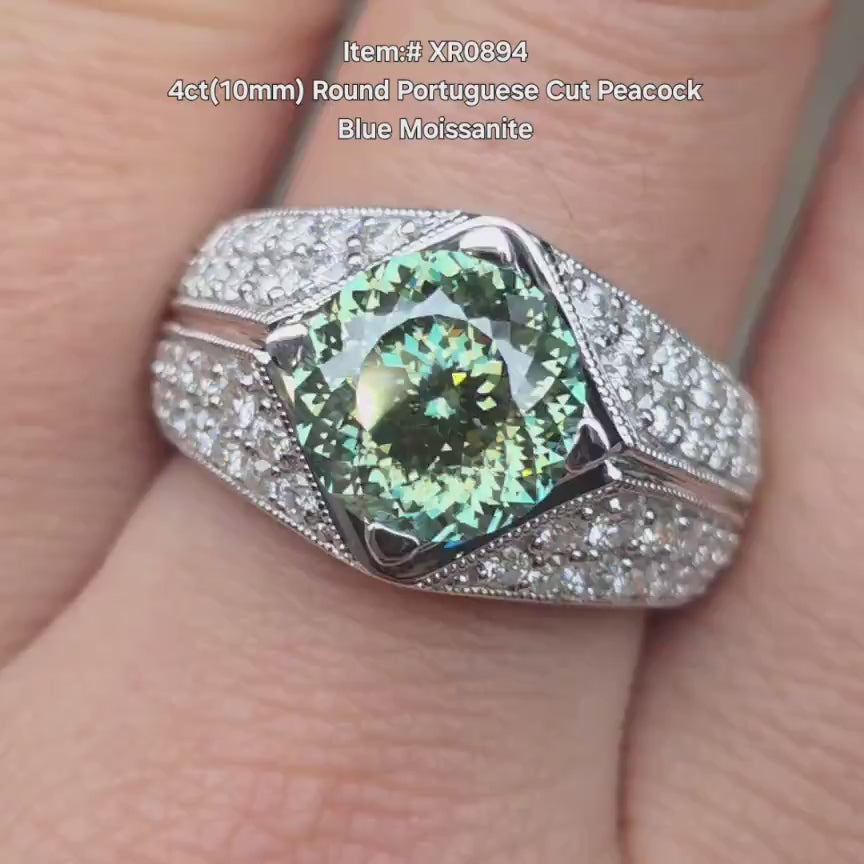 DovEggs round portuguese cut peacock blue moissanite engagement ring