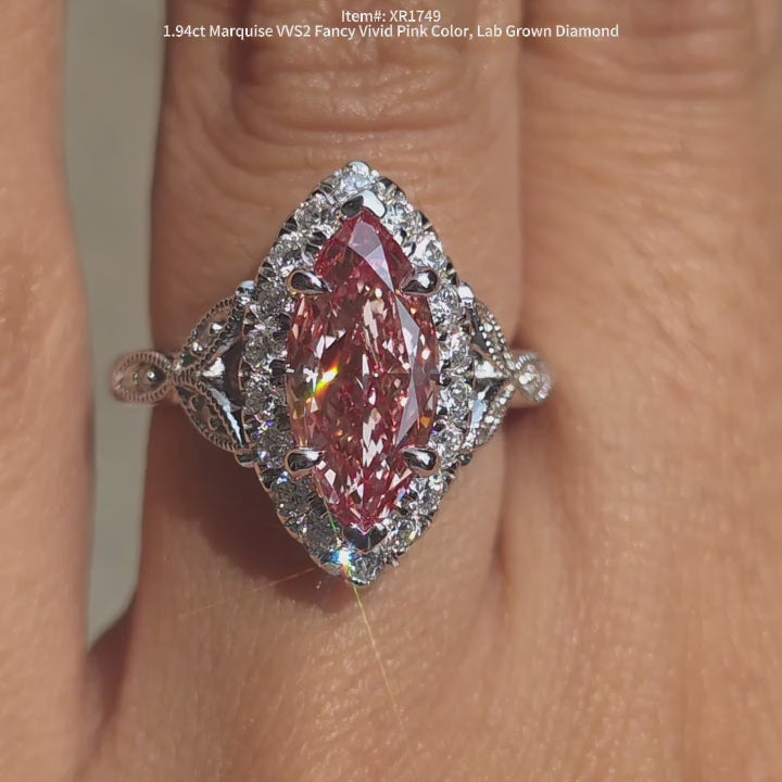 DovEggs 1.94ct Marquise Shaped Lab Grown Diamond Ring – Fancy vivid pink claw prong Engagement Ring for Women
