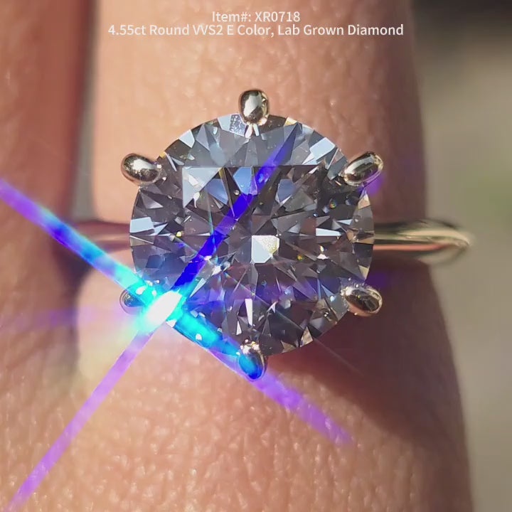 Doveggs 4.55ct round lab grown diamond solitaire engagement ring on hand video