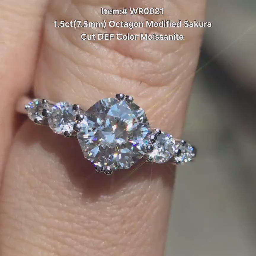 DovEggs octagon sakura cut side stones moissanite engagement ring