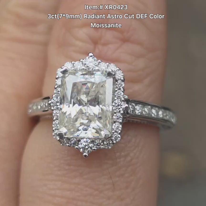 DovEggs radiant astro cut halo channel moissanite engagement ring video