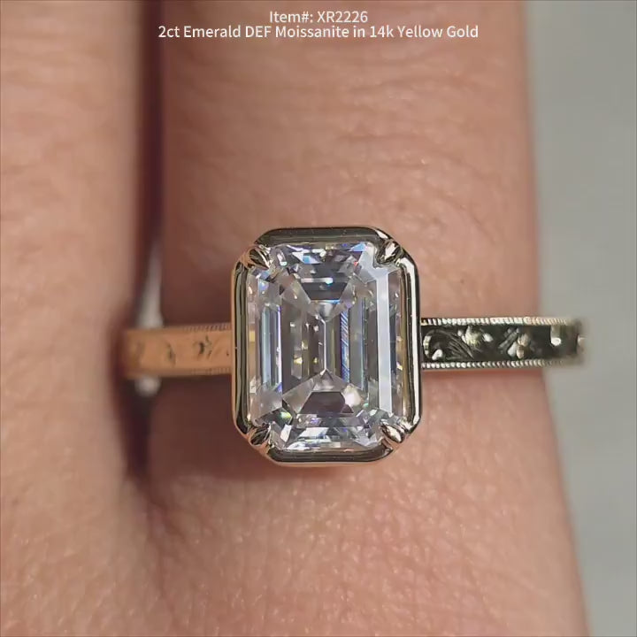DovEggs emerlad carved bezel moissnaite engagement ring video in sunlight