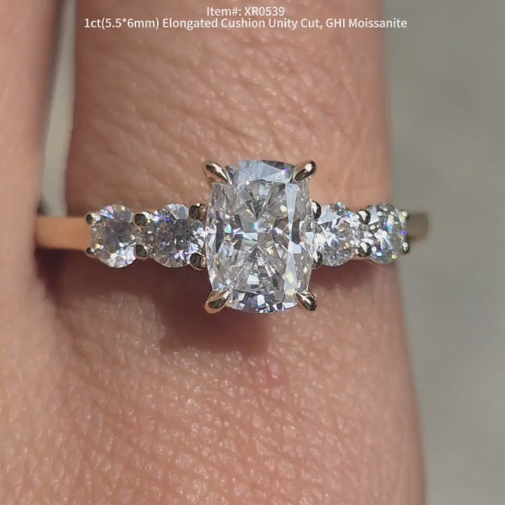 DovEggs Elongated cushion Unity cut moissanite engegement ring with side stones for women 