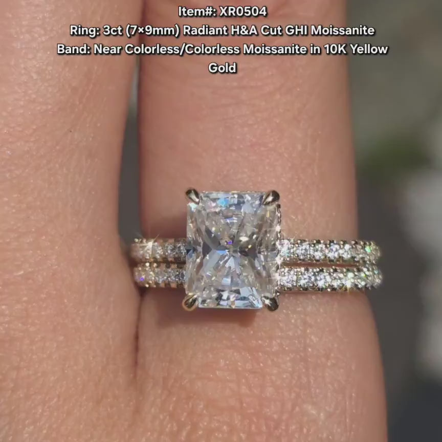 DovEggs radiant pave moissanite engagement ring set video