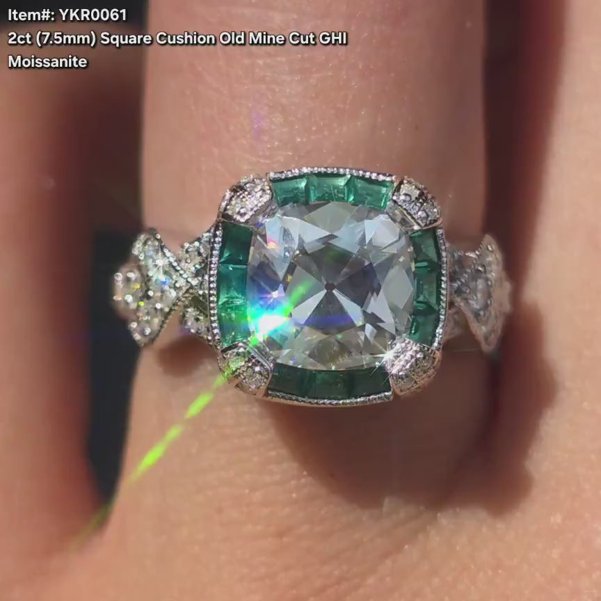 DovEggs cushion halo moissanite with zambia emerald baguette engagement ring video in sunlight