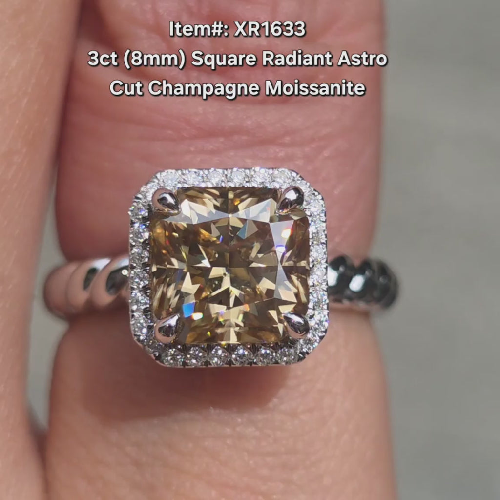 DovEggs Astro square radiant champagne moissanite engagement ring sparkling in sunlight video