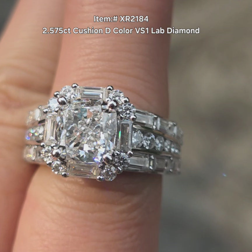 DovEggs cushion D color lab diamond ring sparkling in sunlight video.