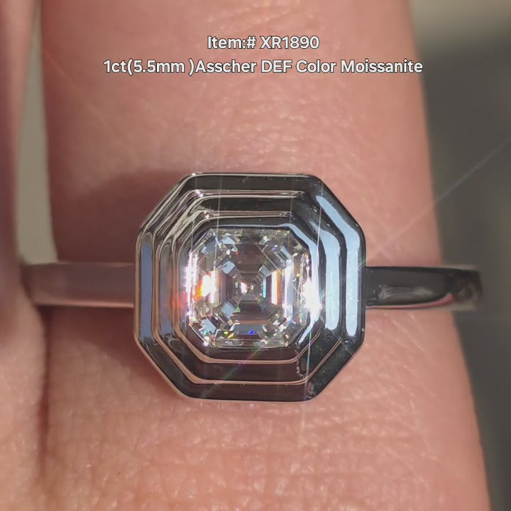 DovEggs 1ct Asscher moissanite engagement ring in bezel setting ourdoor video.