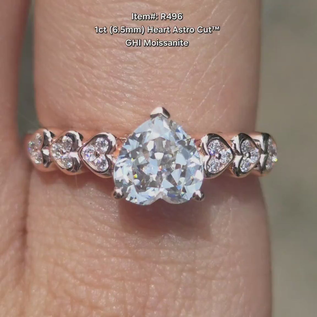 DovEggs astro cut heart moissanite with bezel side stones engagement ring video