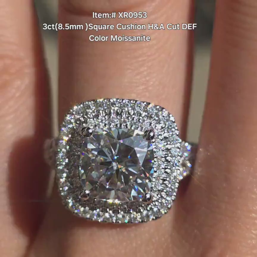 DovEggs square cushion moissanite with double halo engagement ring in sunlight video