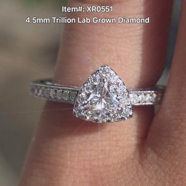 DovEggs Trillion Lab Grown Diamond Ring – Halo Engagement Ring for Women