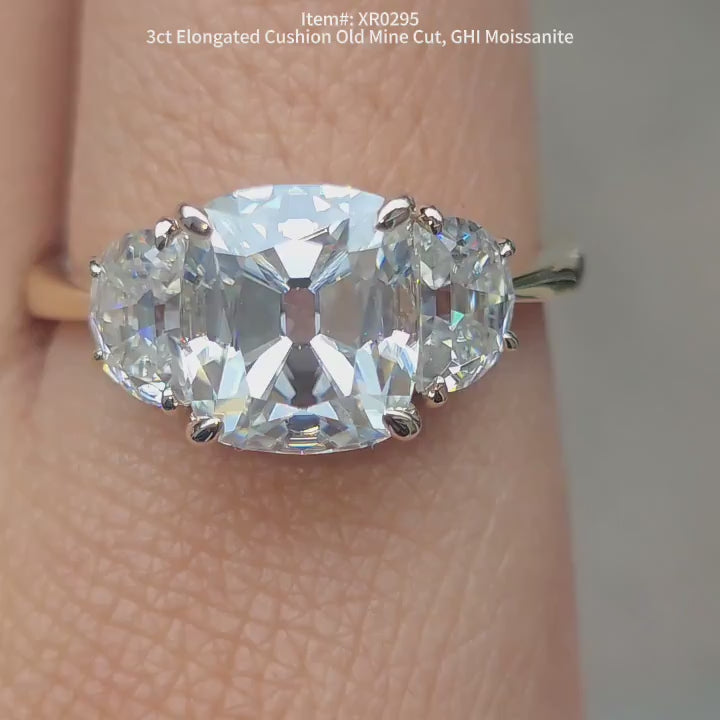 DovEggs three stones elongated cushion old mine cut moissanite engagement ring video