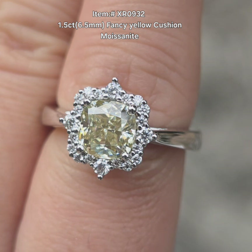 DovEggs cushion fancy yellow color moissanite ring sparkling in sunlight video.