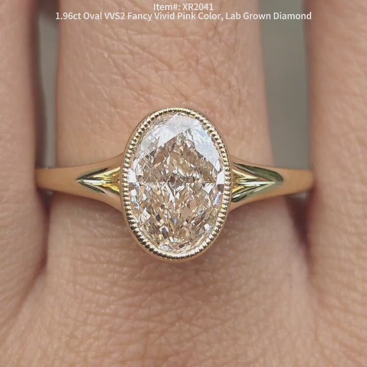 DovEggs 1.96ct Oval Shaped Pink Lab Grown Diamond Ring – Bezel Milgrain Engagement Ring for Women

