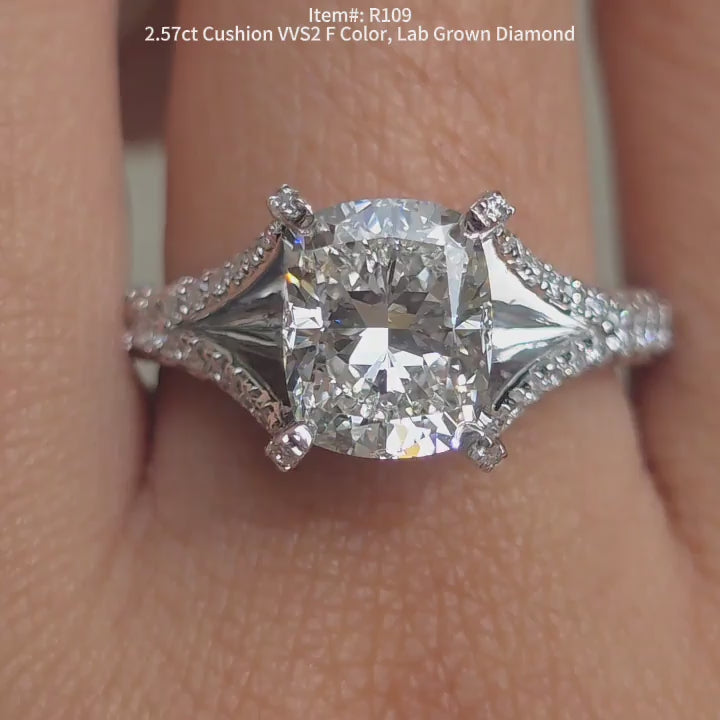 DovEggs Cushion lab diamond engagement ring sparkling in sunlight video