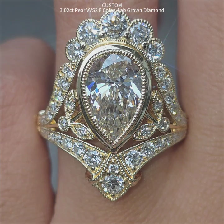 DovEggs pear bezel halo art deco lab diamond engagement ring video