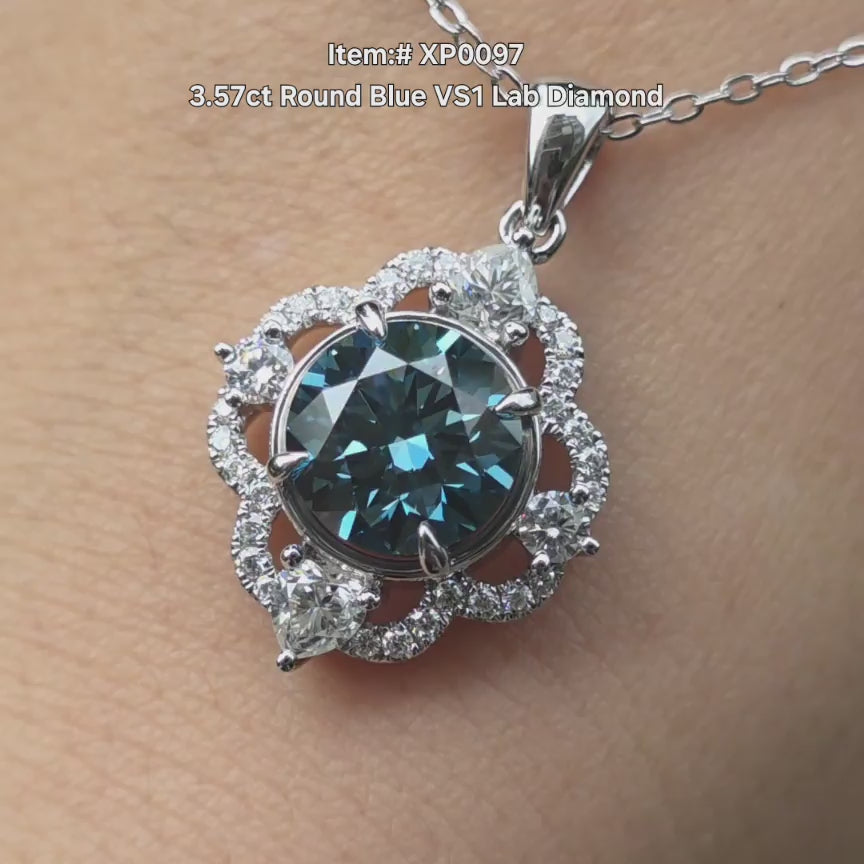 DovEggs 3.57ct round blue lab diamond pendant sparkling in sunlight video