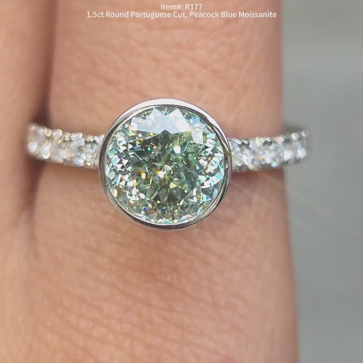 DovEggs round Portuguese cut peacock blue moissanite bezel pave engagement ring video
