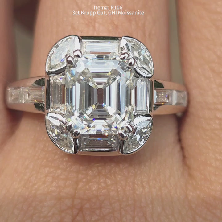 DovEggs 3ct Krupp cut GHI color moissanite ring sparkling in sunlight video.