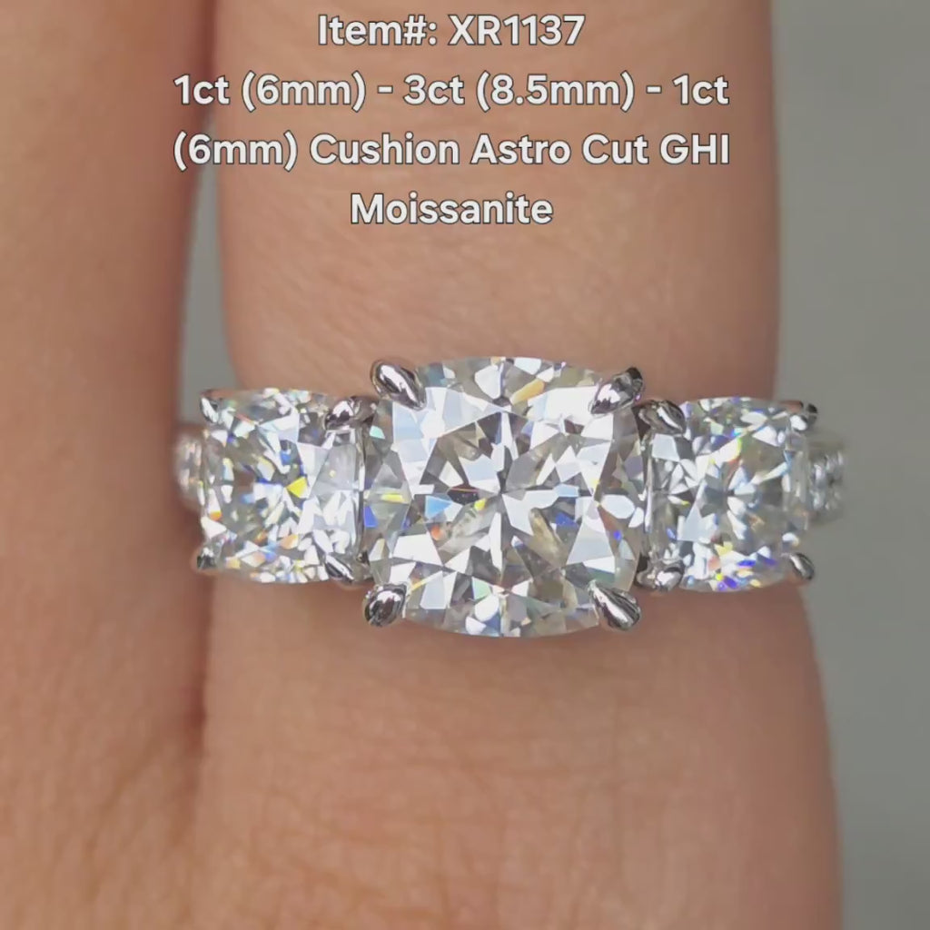 DovEggs cushion astro cut three stones moissanite engagement ring video