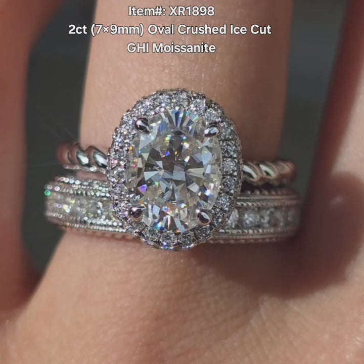 DovEggs Oval Crushed Ice cut moissanite ring sparkling in sunlight video.