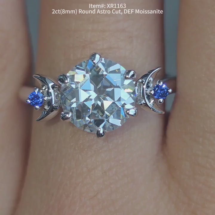 Doveggs round astro cut half moon three-stone moissanite engagement ring video