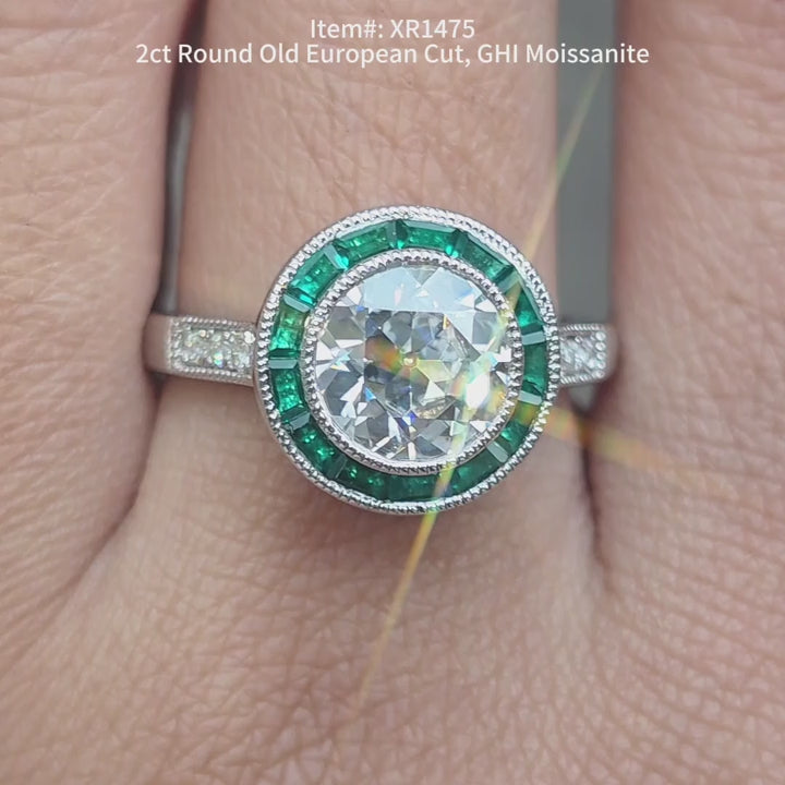 Round european cut vintage moissanite ring sparkling in sunlight video.