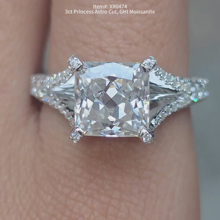 DovEggs GHI color Princess Astro cut moissanite ring sparkling in sunlight video