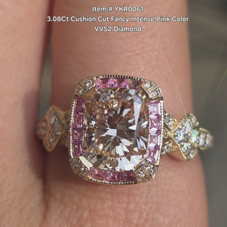 DovEggs cushion fancy intense pink 
 color lab diamond ring sparkling in sunlight video.