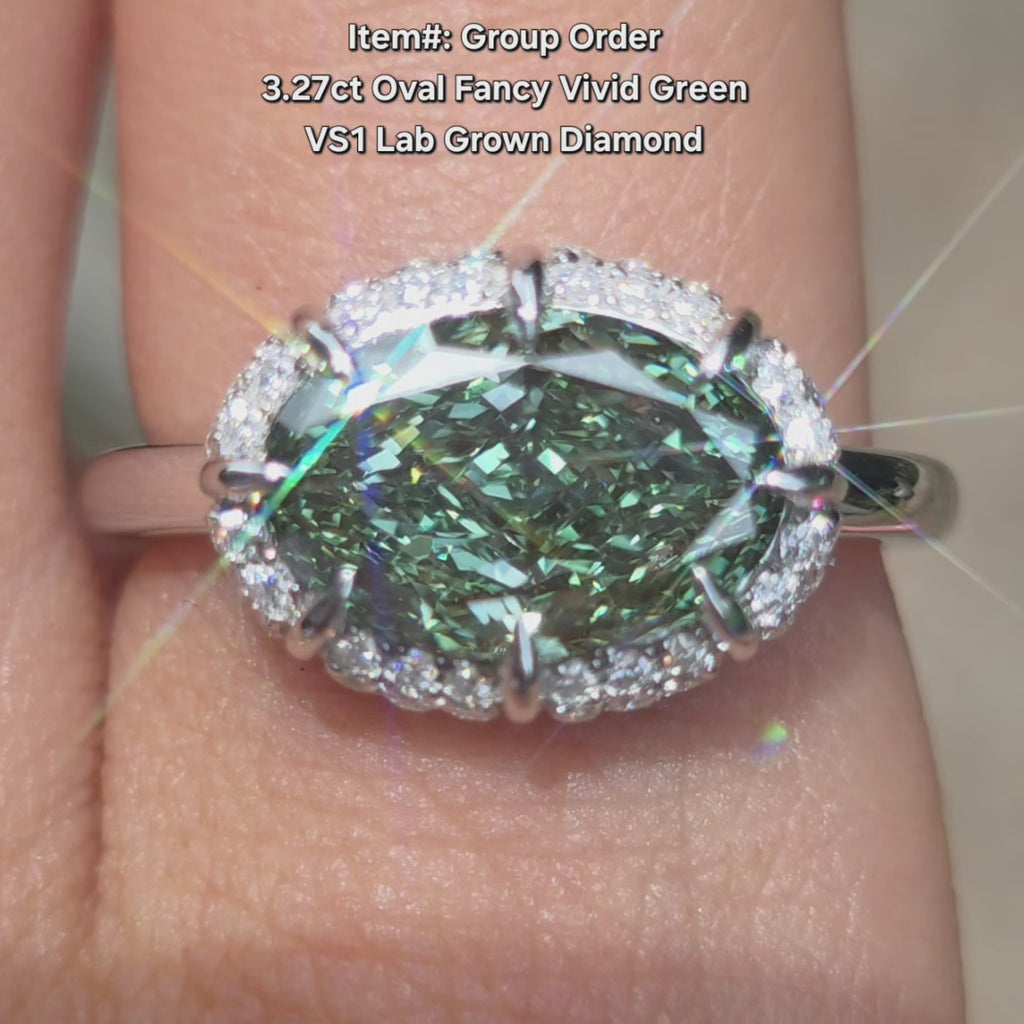 DovEggs oval art deco pave green lab diamond engagement ring video in sunlight