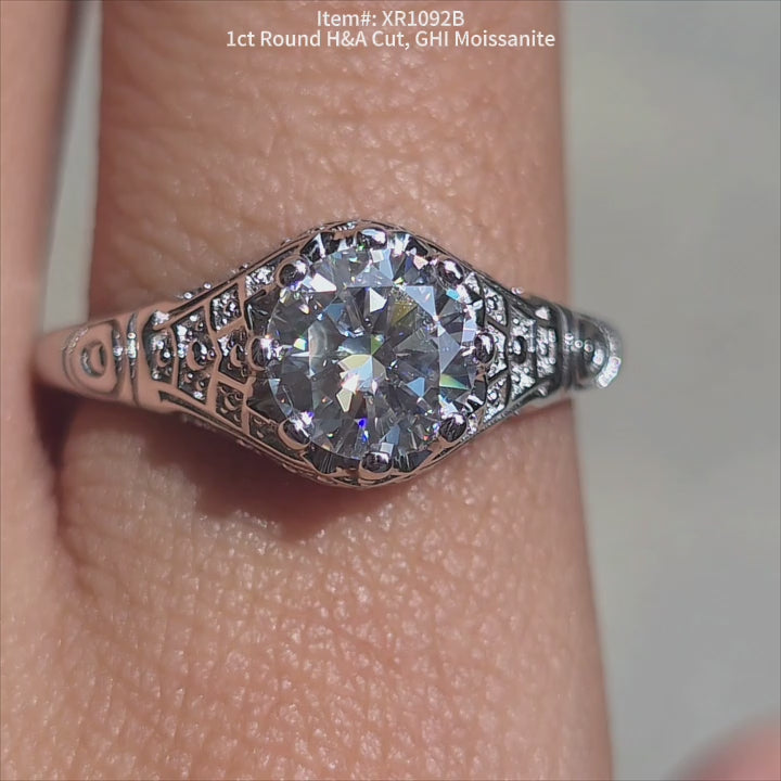 DovEggs 1ct Round H&A cut moissanite ring sparkling in sunlight video.
