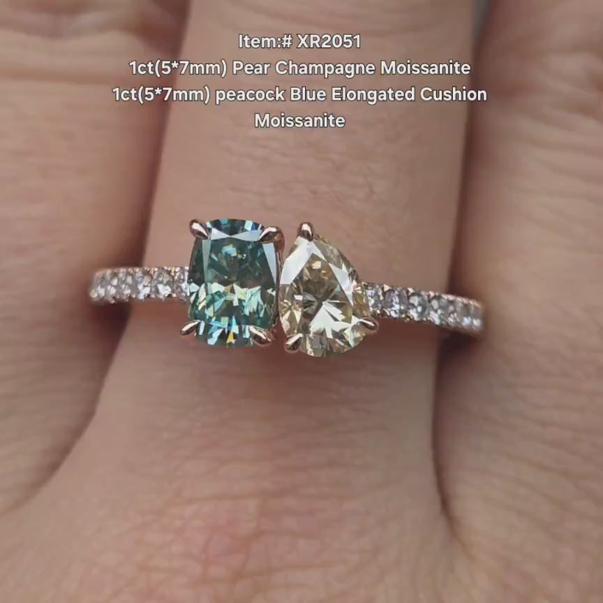 DovEggs champagne pear & peacock blue elongated cushion moissnaite engagement ring video