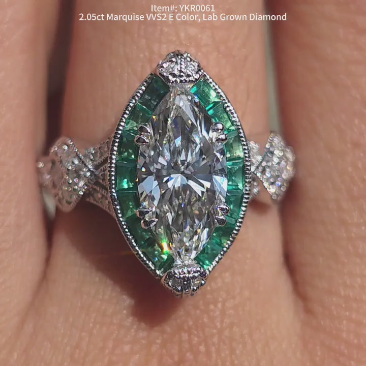 DovEggs Marquise 2.05ct Lab Grown Diamond ring sparkling on hand