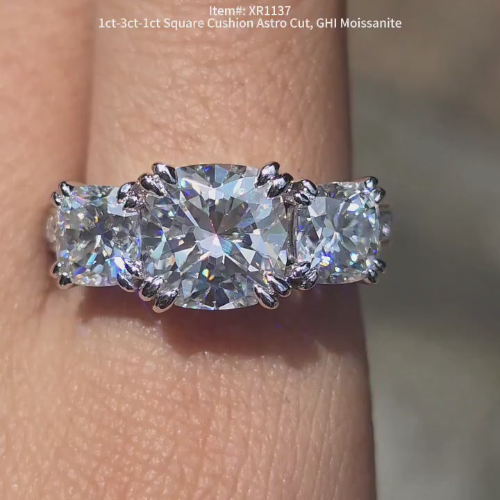 DovEggs square cushion astro cut three stones moissanite engagement ring video