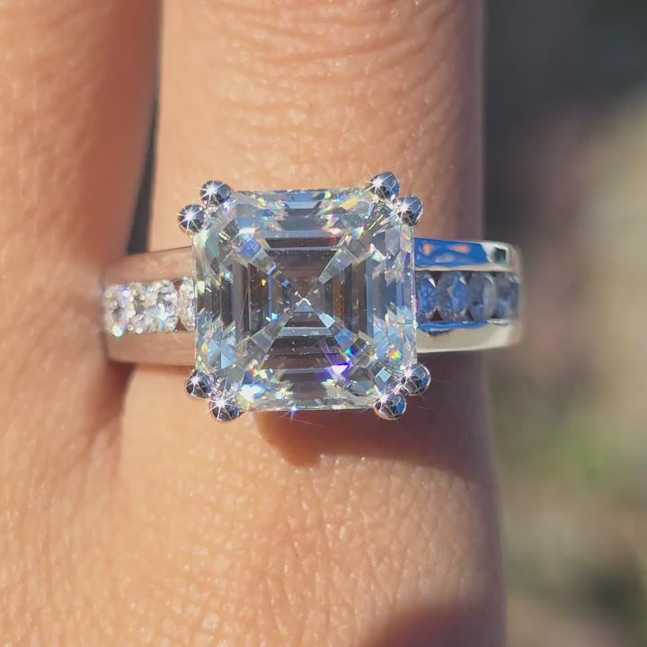 DovEggs Asscher moissanite ring sparkling in sunlight video
