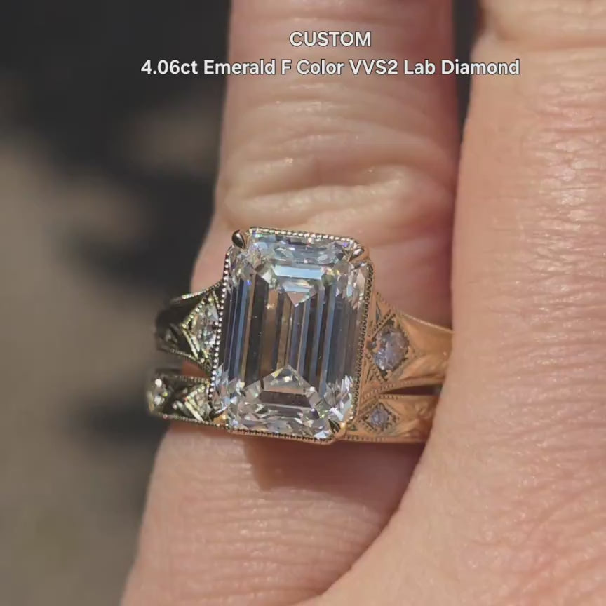 DovEggs carved vintage moissanite wedding band set video in sunlight