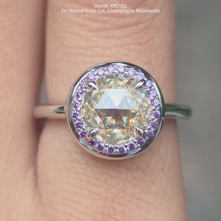 DovEggs round rose cut champagne moissanite ring sparkling in sunlight video