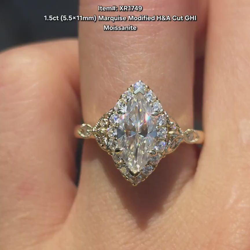 DovEggs marquise halo side stones art deco moissanite engagement ring video