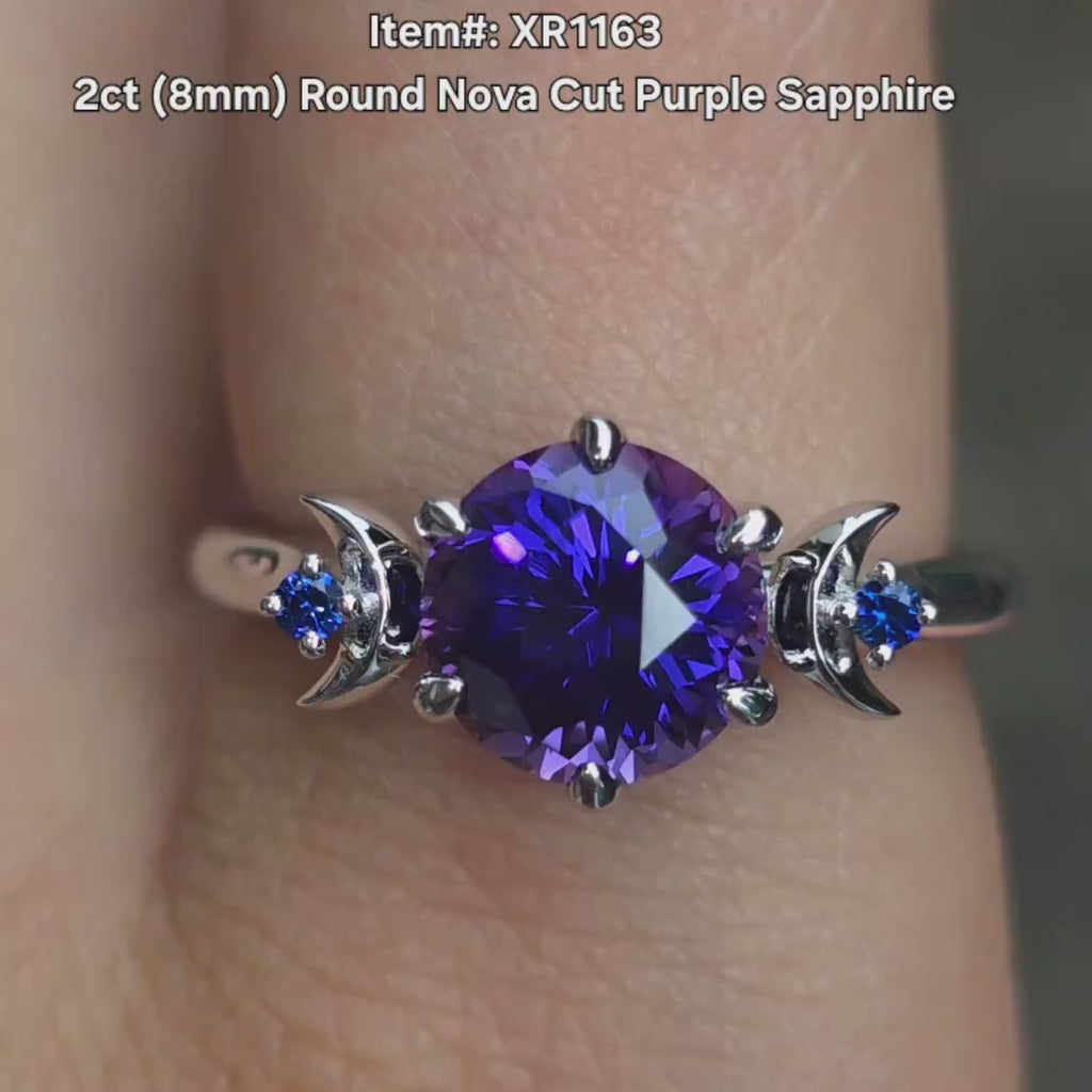 DovEggs round purple sapphire half moon three-stone moissanite engagement ring video
