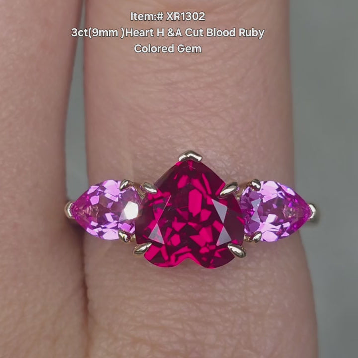 DovEggs 3ct Heart Shaped Blood Ruby Colored Gem Ring – Three Stones Style Engagement Ring for Women
