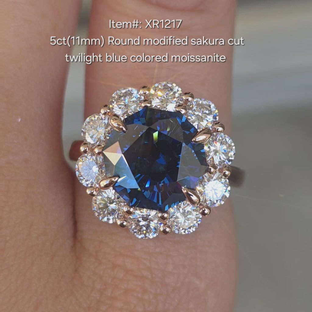 Outdoor lighting of sakura cut halo twilight blue moissanite ring