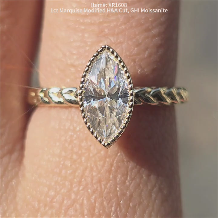 DovEggs 1ct Marquise modified H&A cut moissanite engagement ring with bezel setting video