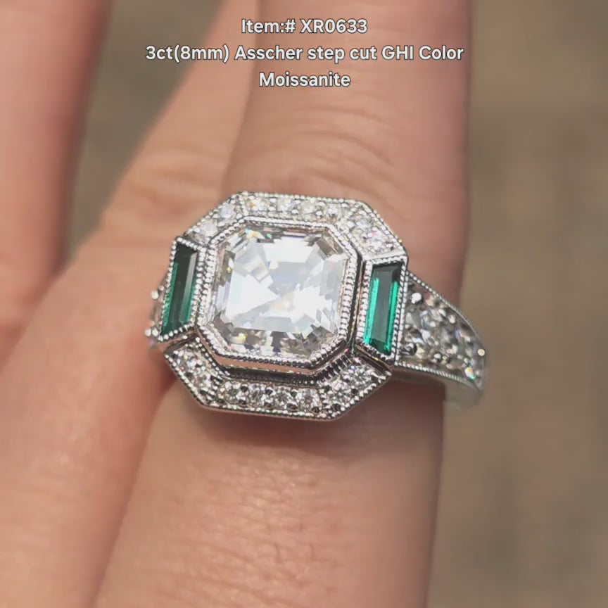 DovEggs GHI color Asscher moissanite ring sparkling in sunlight video